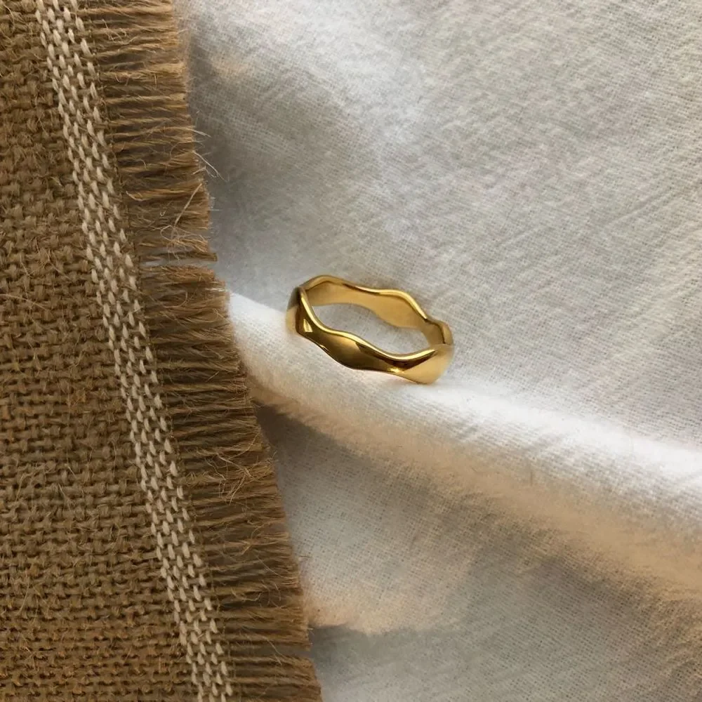18K Thick Gold Plated Organic Hand Finished Edge Oceanic Wave Ring